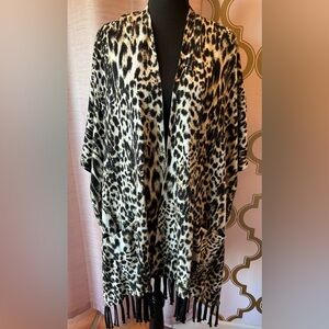 Chico’s Animal Print Reversible Black Ruana with Fringe and Pockets